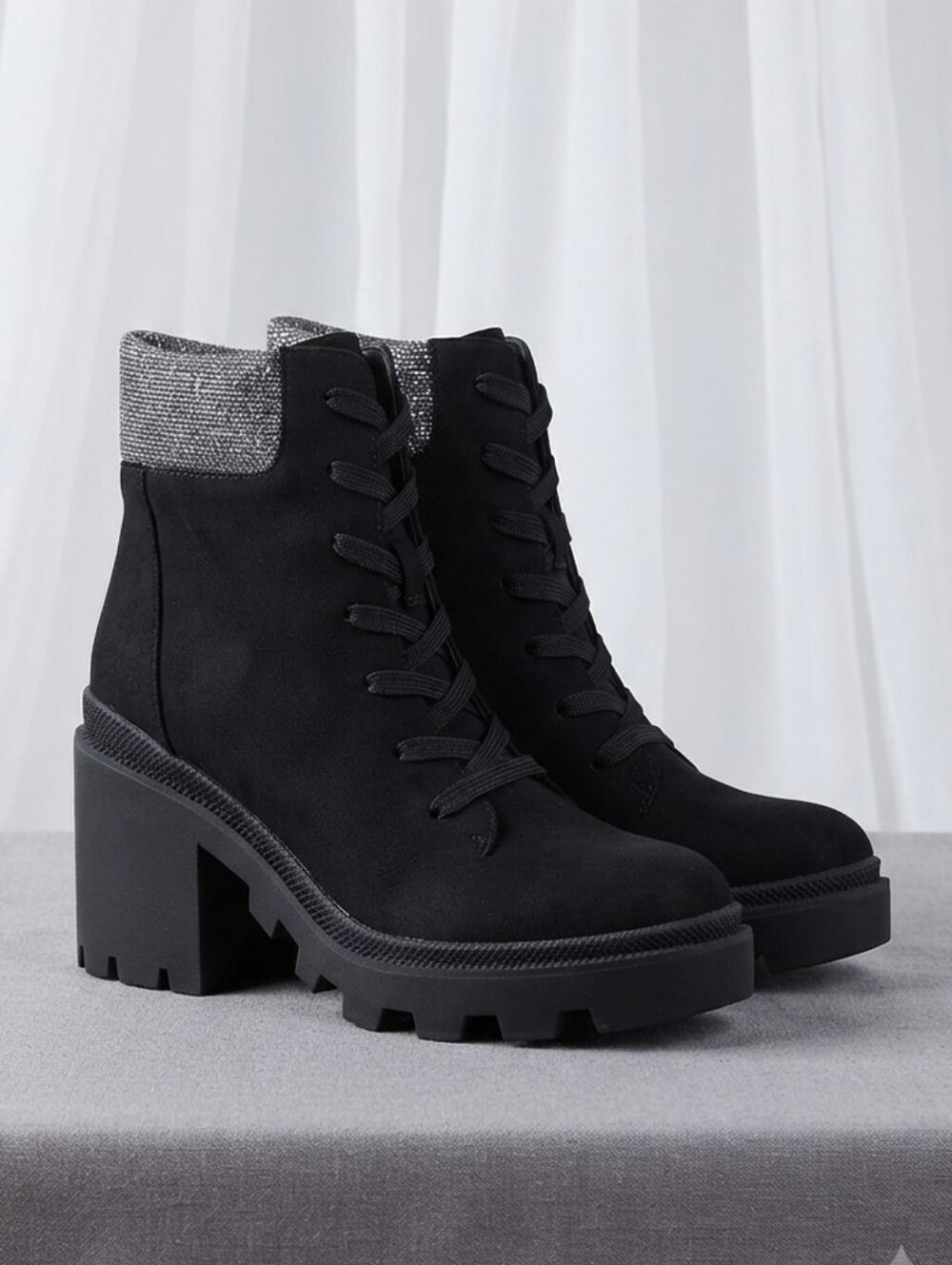BAMBOO Black Lace-Up Chunky Heel Ankle Boots with Metallic Knit Cuff
